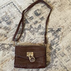 Brown Croc-Embossed Crossbody Bag